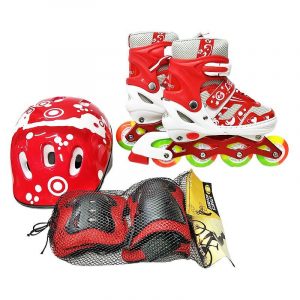 Ролики (PU колеса, все колеса с огнями) с набором защиты красный (Размер L: 39-42) – 41021